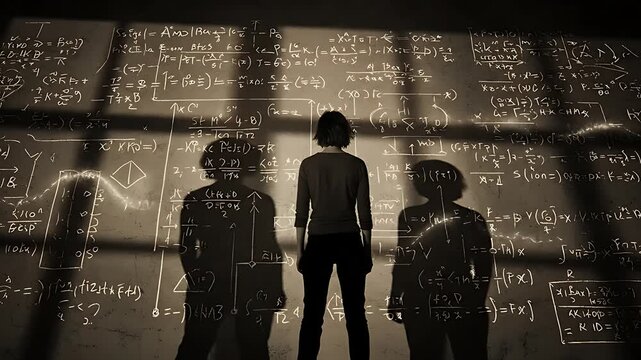Three figures stand silhouetted before a massive, illuminated wall covered entirely with complex mathematical equations and algebraic formulas, symbolizing deep study.
