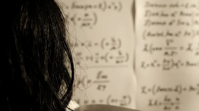 Close-up side profile of a focused student deeply engrossed in studying complex mathematical equations and theoretical formulas written on paper late at night.