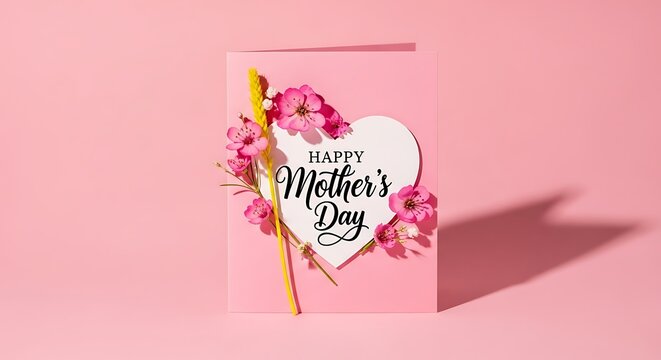 Happy mother's day greeting card with pink flowers and heart design