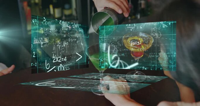 Female bartender pouring green cocktail on wooden bar, projecting holographic technology interfaces