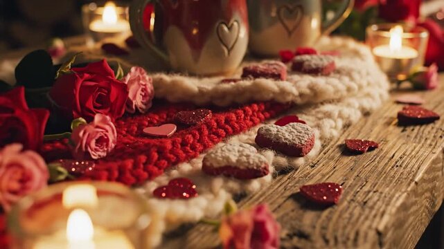 romantic valentines day scene with red roses and heart shaped decorations