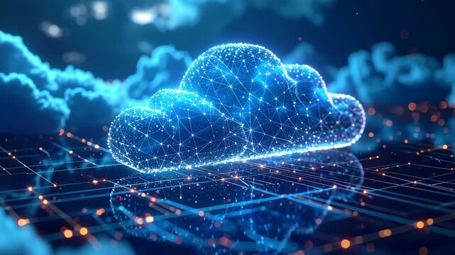 Cloud Computing: A striking digital rendering of a luminous cloud, shimmering with connectivity and data transfer. Symbolizes technological advancement and the promise of accessible information.