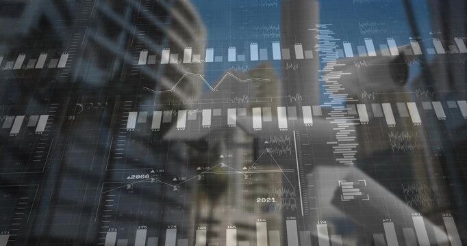 Security camera cluster watching as translucent bar chart fading in, line graph drawing data trends