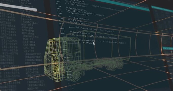 Opening yellow wireframe truck with orange grid and teal lighting shifting and code panel scrolling