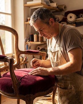 Male upholsterer working on chair cushion in workshop  