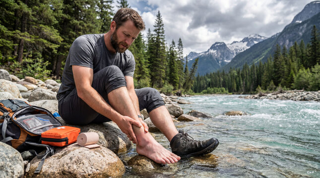 Man checking sprained ankle while sitting on rocks by river  