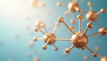 Golden atom molecules and scientific bonds in abstract space. Glowing particles connect forming structure. Chemistry research concept for innovation.