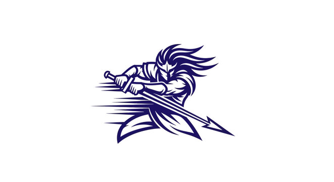 Dynamic illustration of a fierce warrior brandishing a powerful spear, depicted with a strong, flowing mane, conveying speed and determination in a striking emblem style