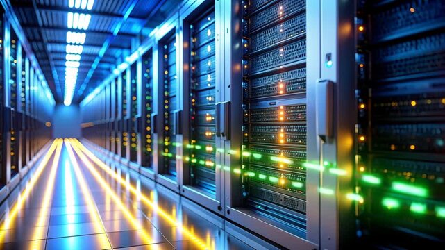 Digital Gateway: A data center showcases modern technology. A luminous path signifies the smooth flow of digital information and processing, and the technological advancements in our digital world.