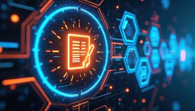 Digital smart contract icon with futuristic neon glow. Abstract cyberspace network design shows hexagonal patterns and binary code. Tech interface with contract and pen symbolizes future business. - Powered by Adobe
