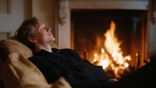 Person sitting quietly near a fireplace, gentle firelight illuminating face, calm posture and stillness expressing solitude, warmth, and mindful rest. cinematic color correction, natural uneven