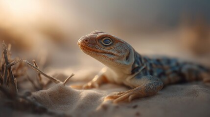 Fototapeta premium A lizard is laying on the sand, looking up at the camera