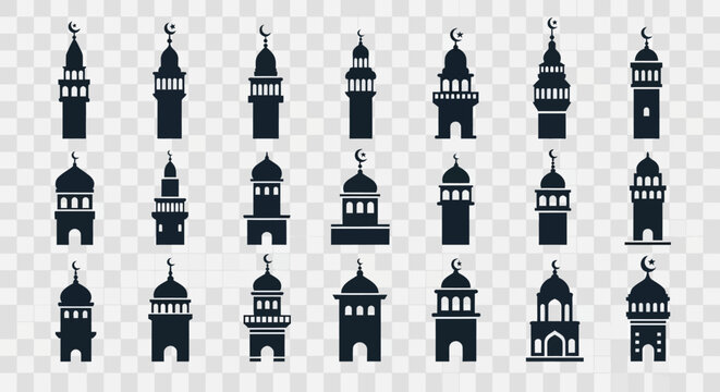 Minaret and Mosque Icon Set. Collection of 24 Islamic Tower Silhouettes with Crescent Moon Symbol. Vector Architecture for Muslim Holidays and Community Design.