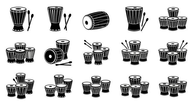 African Djembe and World Percussion Icons Set. Collection of Traditional Ethnic Hand Drum Silhouettes, including Conga and Bongo styles, isolated black symbols for music design.