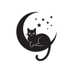 Black Cat Silhouette Resting on Crescent Moon with Stars Vector