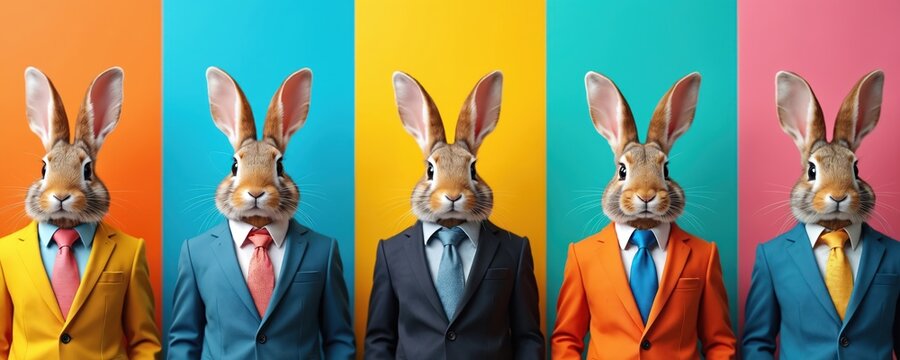 Five rabbits wear suits and ties standing in a row against colorful backgrounds. Business animals looking professional and dapper. They are ready for Easter or a corporate event.