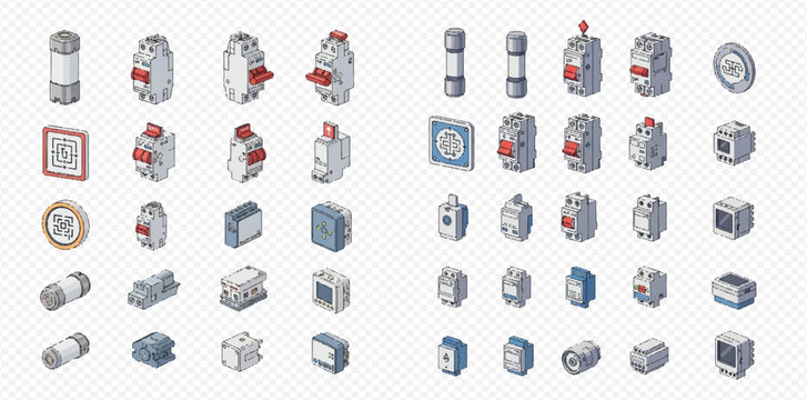 Isometric set of circuit breakers, fuses, and electrical switches for power distribution and protection.