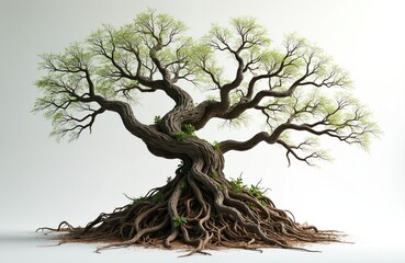 Plakat Ancient tree with twisted trunk and sprawling roots. Delicate green leaves spread across its many branches. Isolated against a clean white background, it offers ample copy space.
