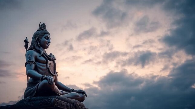 Monumental Shiva Statue Meditating Against Dramatic Sunset Sky