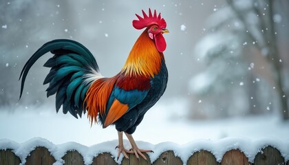 Colorful rooster stands on snowy fence during winter snowfall. Bird has bright plumage and red comb against blurred background of winter forest, farm scene.
