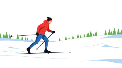 Fototapeta premium Cross country skier in red jacket gliding through snowy landscape with evergreen trees