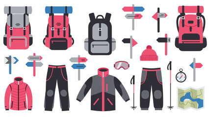 Outdoor adventure gear icons: backpacks, jackets, and hiking essentials in flat design