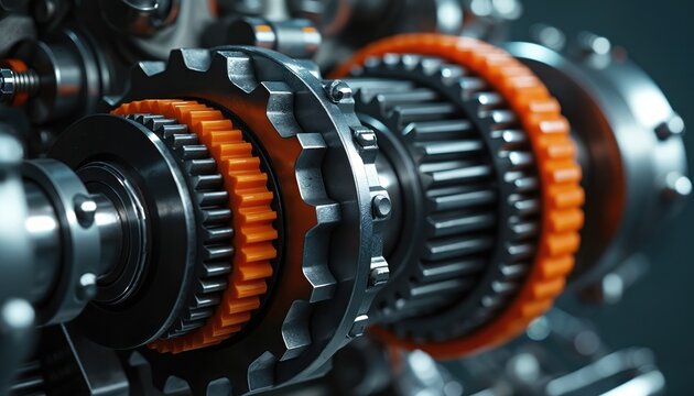 Close up shot of interlocking metal gears and orange timing belt within complex machinery. Precision parts connect and rotate, showing mechanical power, drive, and engineering detail.