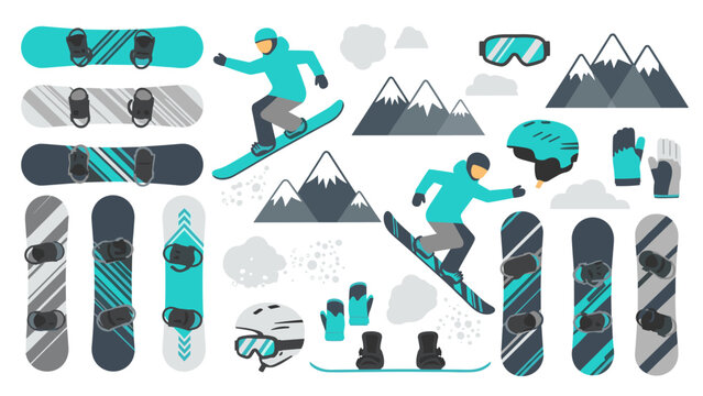 Snowboarding gear and activities in modern flat design with snow and mountain elements