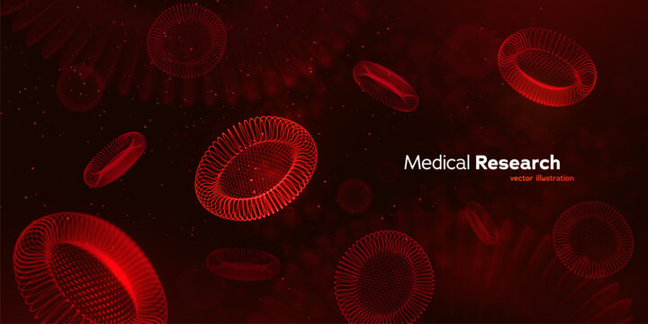 Medical Research. Laboratory Analisys. Blood Testing Concept With Abstract Red Blood Cells And Digital Medical Background. Modern Science Design. Blood Cells In Motion. Vector Illustration.