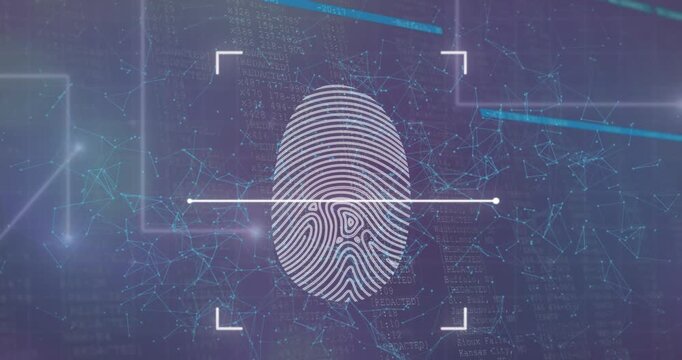 Digital animation of hexagonal shapes and round scanner against data processing on blue background