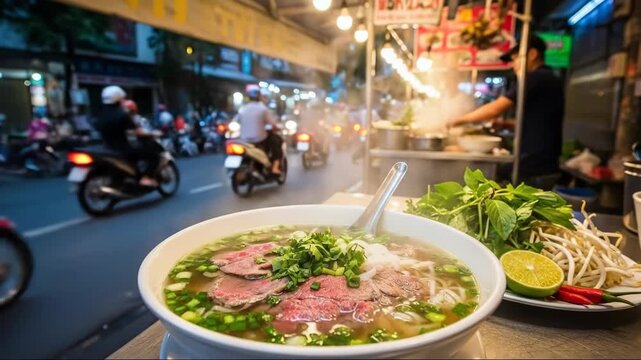 Bustling night market scene with steaming pho and vibrant motorcycle traffic