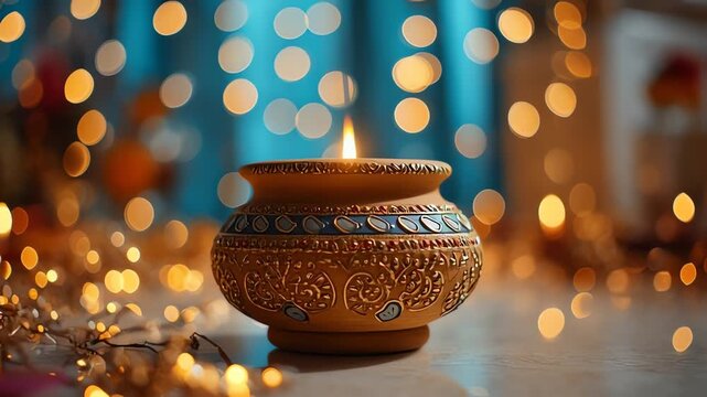 Decorative clay diya with lit candle surrounded by festive lights.