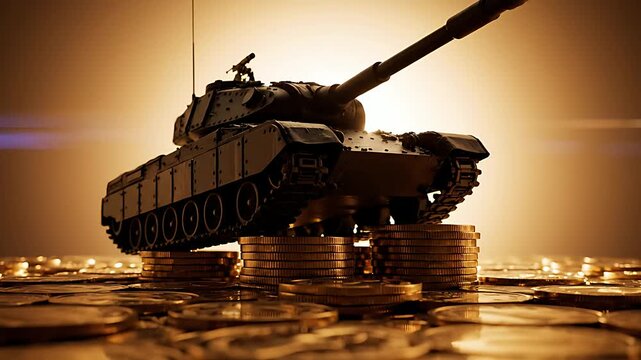 A formidable military tank poised dramatically atop tall stacks of gleaming gold coins symbolizes defense spending, financial conflict, and the economic costs associated with warfare preparedness.