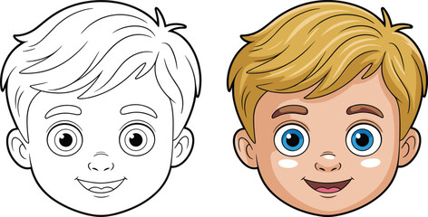 Cute boy face illustration showing black and white outline and colored version, cartoon child avatar comparison for education, design, coloring book, and character creation concepts © AKIBUR