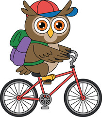 Cute cartoon owl riding bicycle with backpack and cap illustration, playful animal character for kids education, school themes, children books, stickers, posters, and fun designs