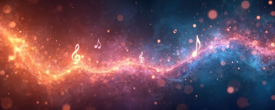 Musical notes float in a colorful cosmic nebula. Abstract background suggests space, galaxy, and ethereal melody. Vibrant lights twinkle in deep space.