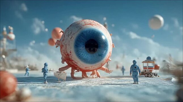 A surreal landscape featuring a colossal, detailed eyeball with tentacles, observed by tiny figures in blue suits under a bright sky.