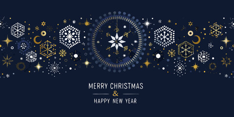 Festive winter pattern with snowflakes and golden sparkles for holiday greetings © Sudebi