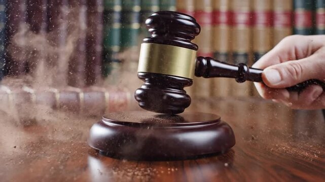 A hand holds a judicial gavel, striking it on a block, sending dust flying, on a wooden desk with books in the background