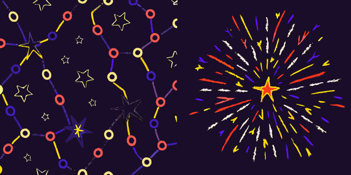 Colorful fireworks and starbursts illuminate a dark whimsical night sky