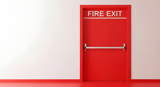 A red fire exit door stands prominently in a clean and minimalist white walled room viewed directly from the front