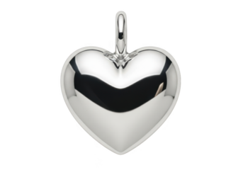 Shiny silver heart-shaped pendant with a smooth reflective surface and a bail for easy attachment to a chain, perfect for jewelry making or as a gift, isolated on transparent background