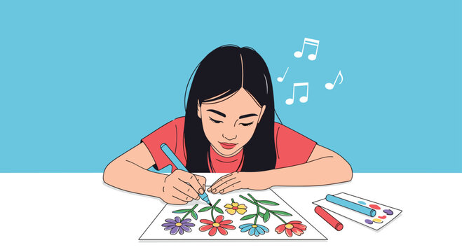 Young girl hums a tune while using colorful markers to draw beautiful flowers on a piece of white paper in a creative activity.