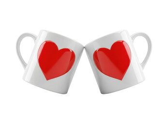 Two white coffee mugs with red hearts facing each other, symbolizing love and togetherness, perfect for couples and romantic occasions isolated on transparent background