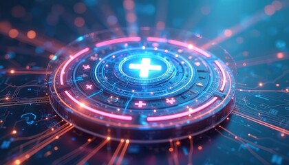 Digital graphic shows glowing circular device with plus signs and circuit board lines. Futuristic tech concept for health data analysis and medical innovation.