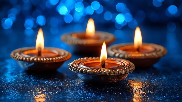 Four lit diyas on a blue sparkling background for Diwali celebration.