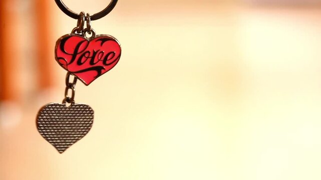 Heart shaped pendant engraved with word love gently moving.Warm red tones create a romantic mood background, video ideal for Valentine&rsquo;s Day,love concepts,relationships, romance and affection.