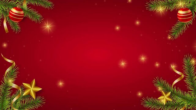 Christmas holiday festive background with glowing lights and pine branches on red sparkle