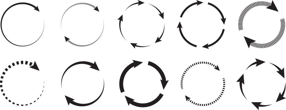 Professional circular arrow set. Modern spin and flip icons. Universal loading and buffering symbols. Vector clockwise and counter-clockwise signs collection.

