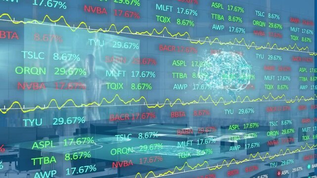 Animation of stock market with digital brain and human model over empty office